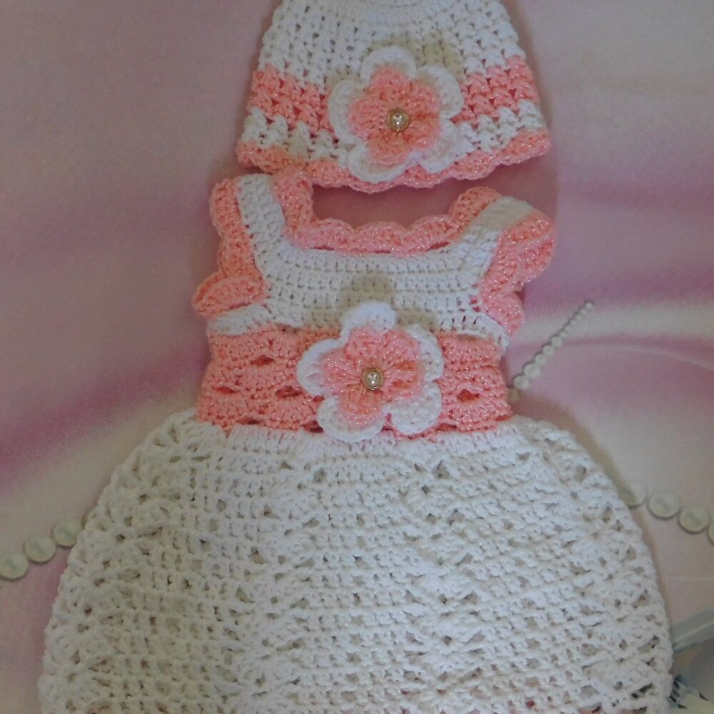 Crochet Baby Dress Handmade, Fits 0-3 Month, Baby Shower Gift, Pink Flower Dress